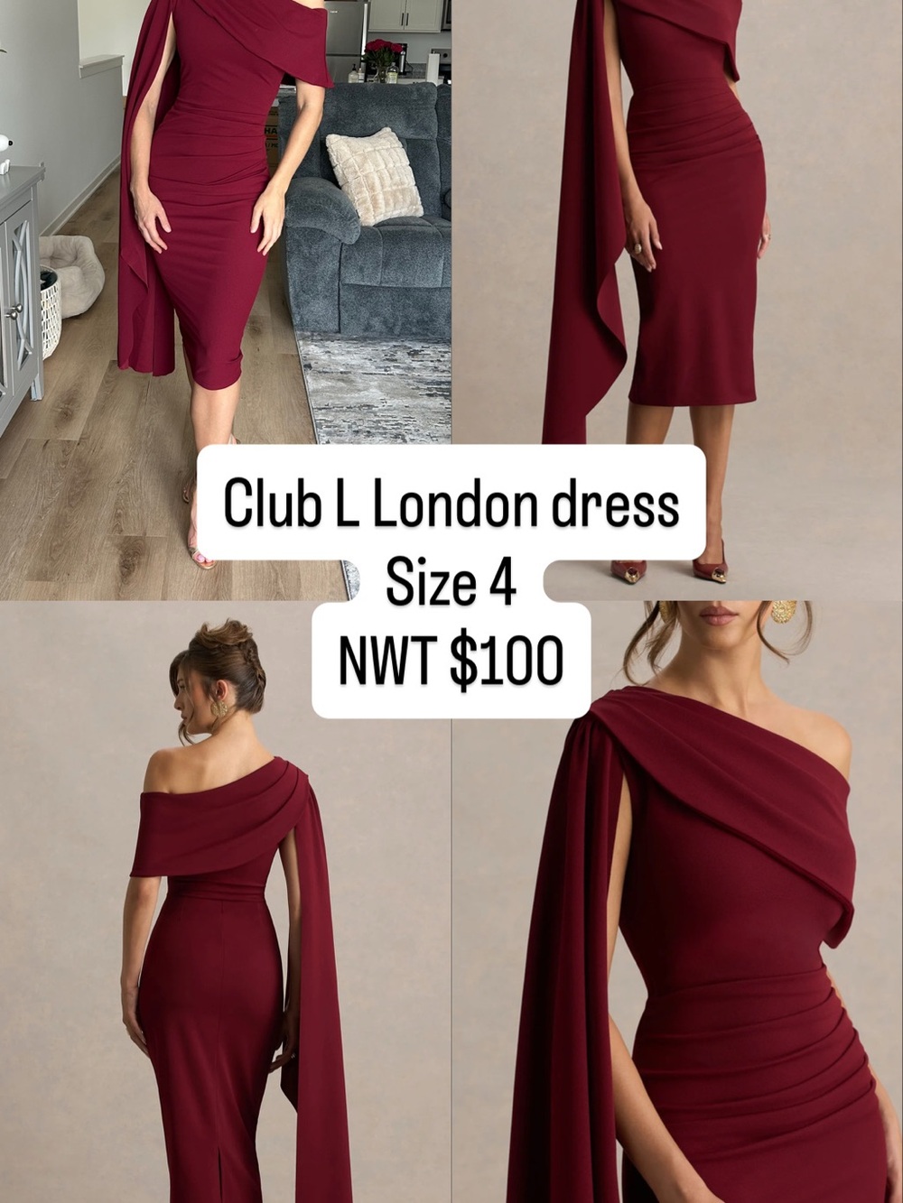 Club L London Burgundy One-Shoulder Draped Midi Dress